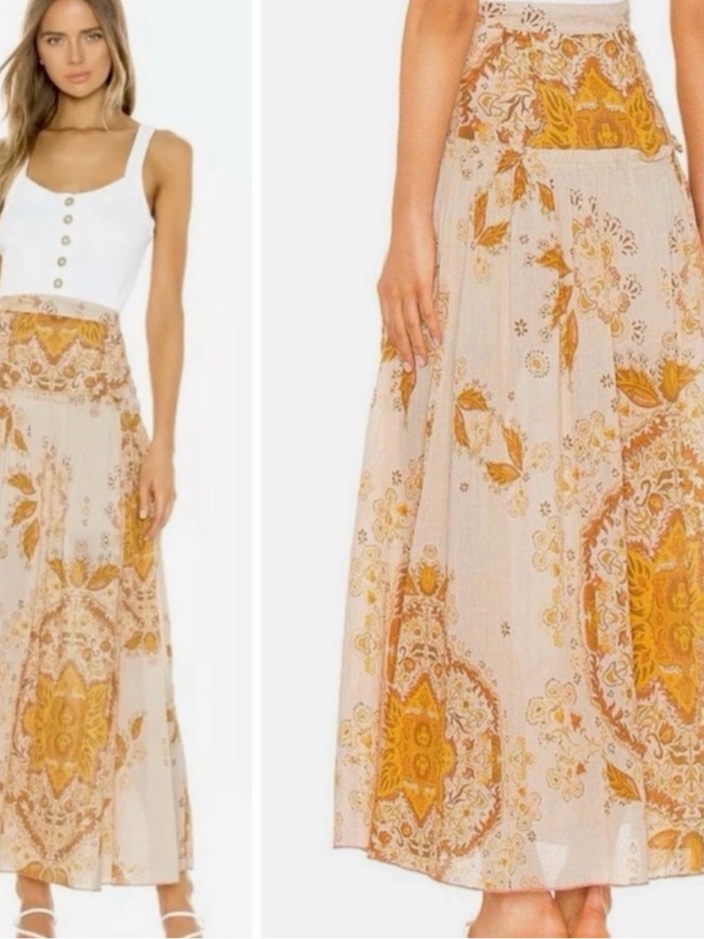 Free People Farrah Drop Waist Maxi Skirt Ivory Combo Paisley Boho Tiered 12